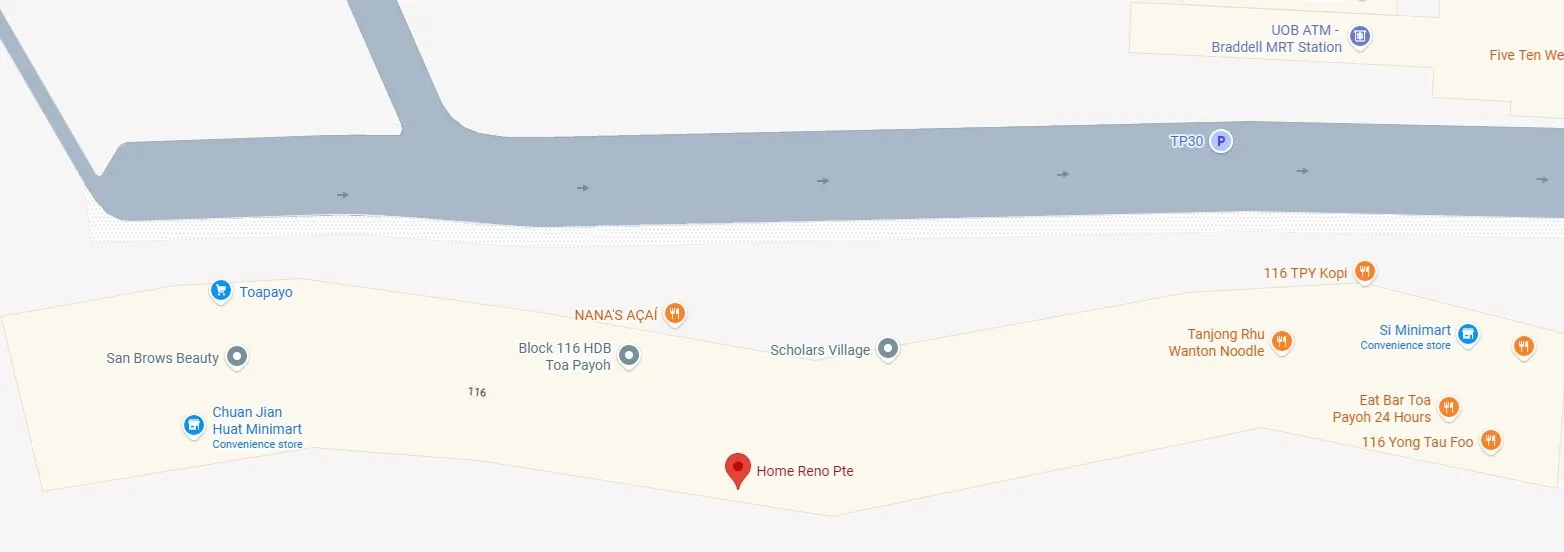 Map showing Home Reno Pte Ltd at Block 116 Toa Payoh Lorong 2, near Braddell MRT